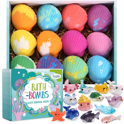 Bath Bombs for Kids with Toys Inside for Girls Boys - 12 Handmade Kids Bubble Bath Fizzies Bomb with Surprise Sea Animals Toys Moisturize Gentle and Kids Safe