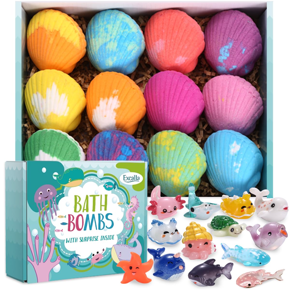 Bath Bombs for Kids with Toys Inside for Girls Boys - 12 Handmade Kids Bubble Bath Fizzies Bomb with Surprise Sea Animals Toys Moisturize Gentle and Kids Safe